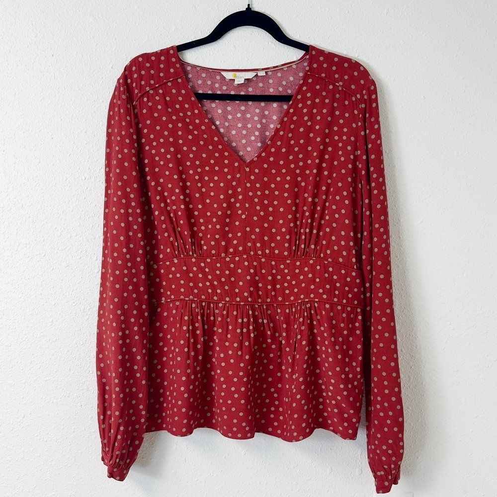 Boden Red White Polka Dot Print  V Neck Babydoll Peplum Twee Long Sleeve Size 14
